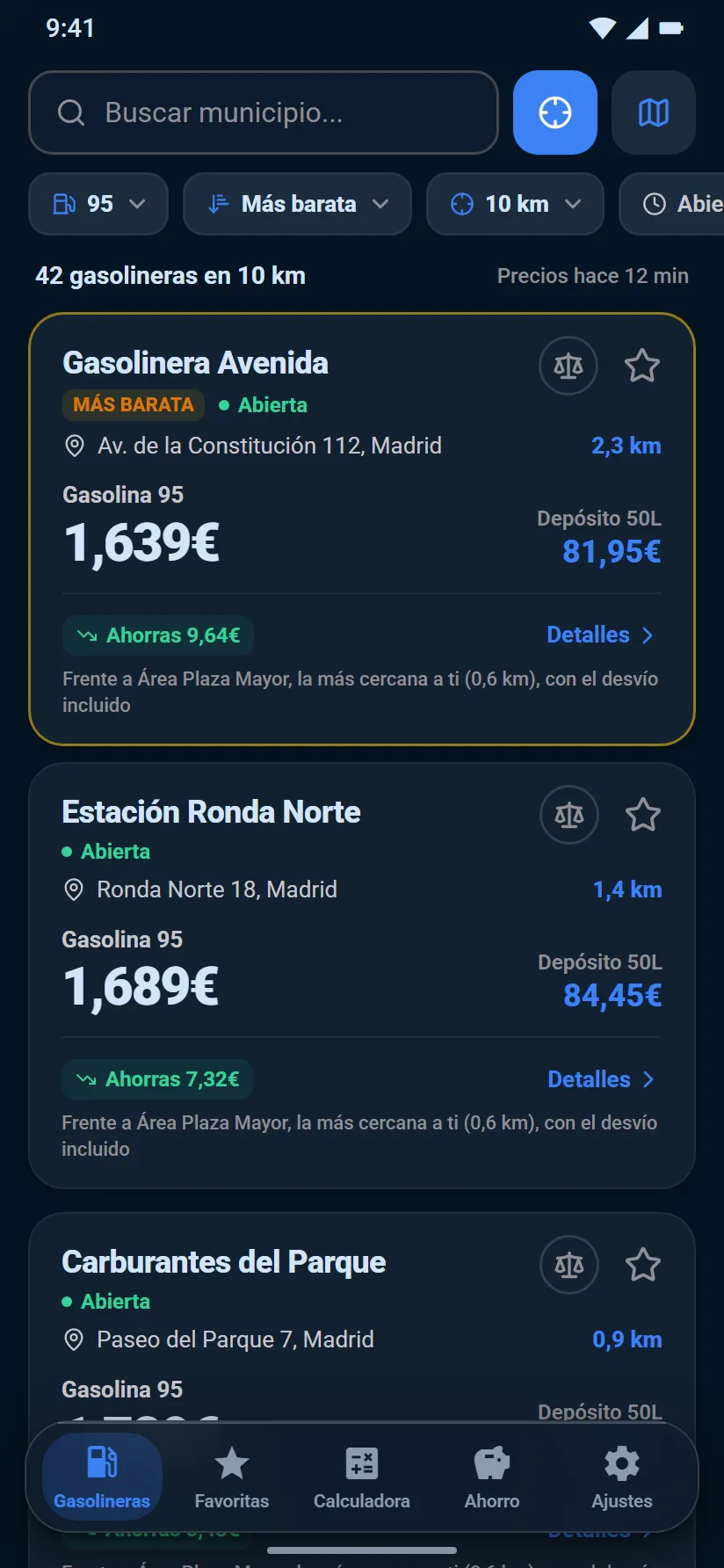 Lista de gasolineras de la app, ordenadas por precio