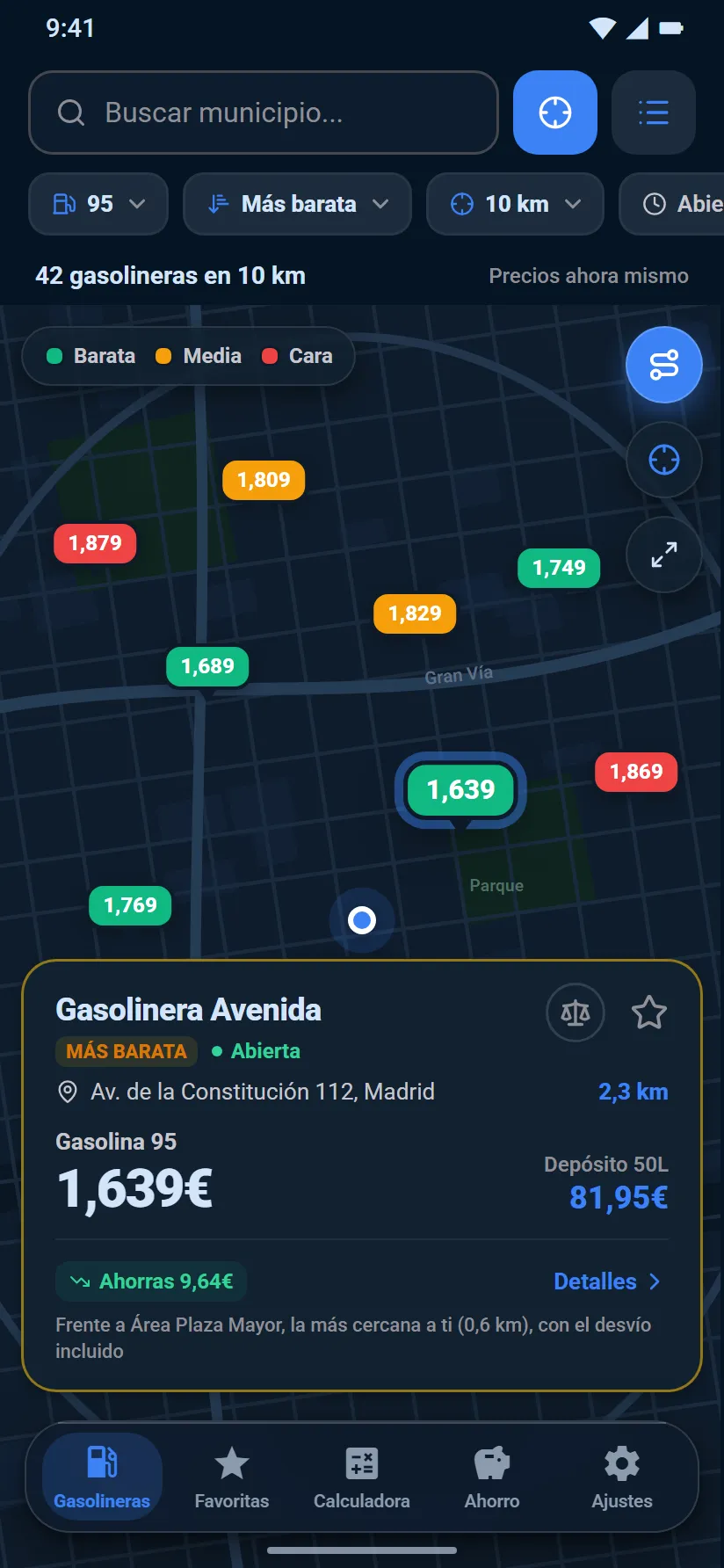 Mapa de la app con los precios de las gasolineras