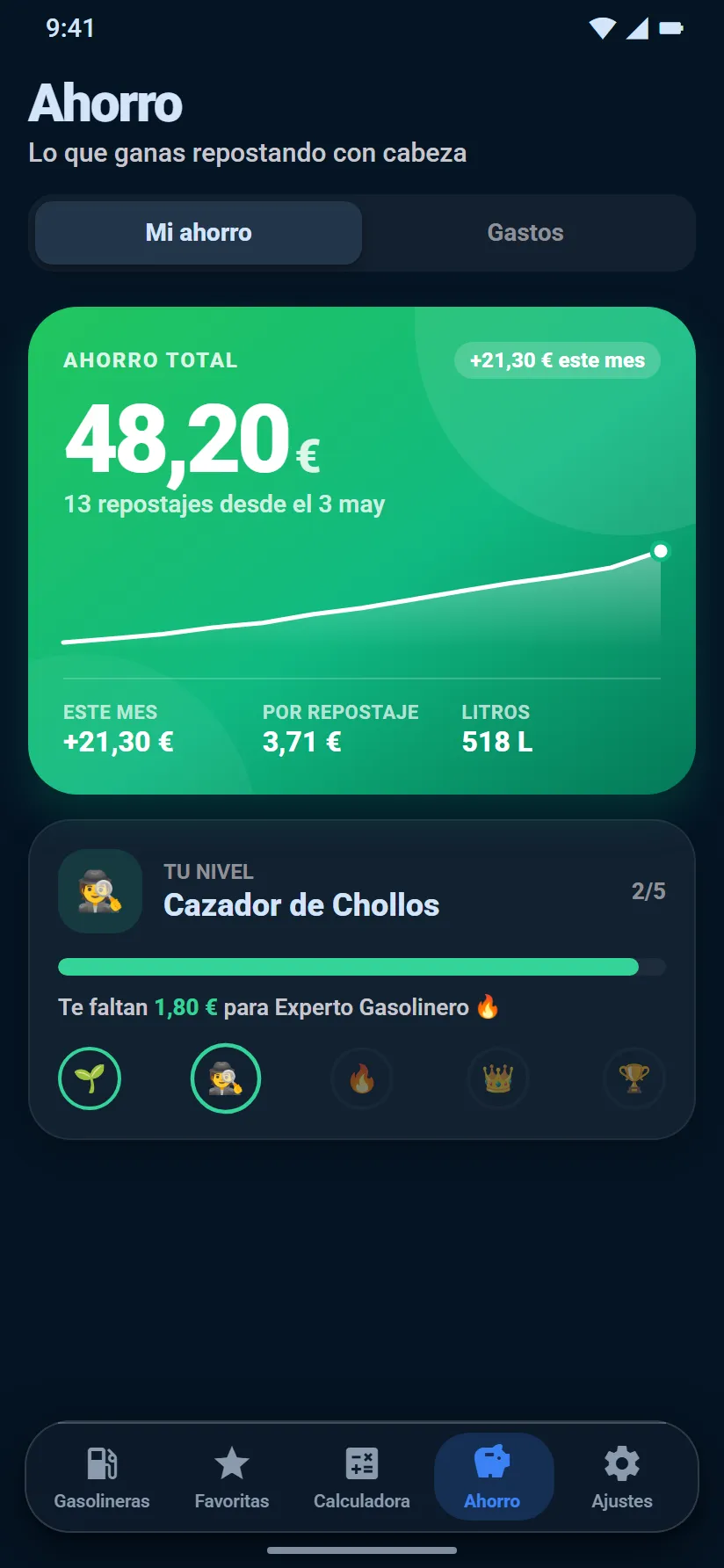 Pestaña de ahorro con el total ahorrado y el nivel