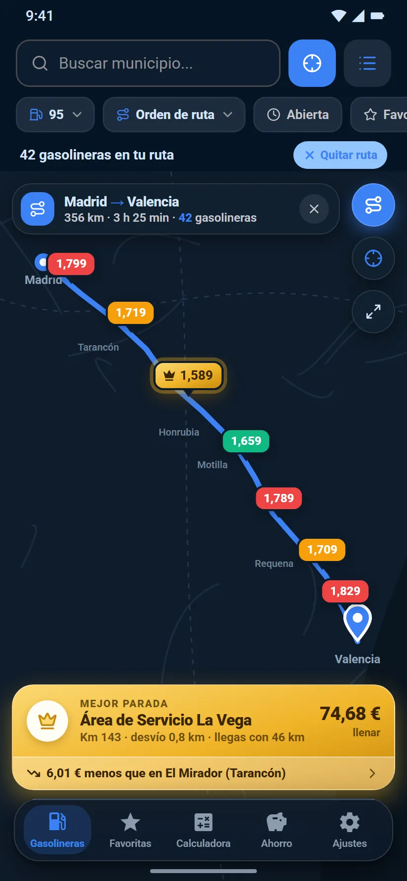 Ruta Madrid–Valencia en la app con la mejor parada marcada en dorado